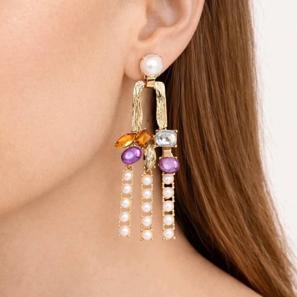 Statement Gold-Tone Earrings with Colorful Stones & Faux Pearl Strands